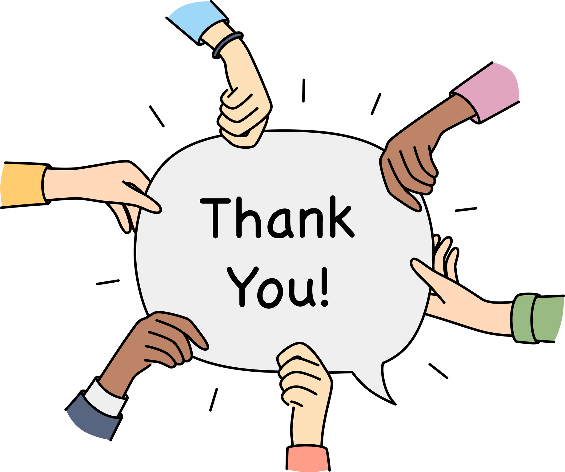 Diverse hands hold speech bubble with thank you